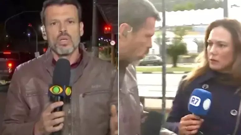 Lucas Martins, da Band, empurra ao vivo Grace Abdou, repórter da&nbsp;Record