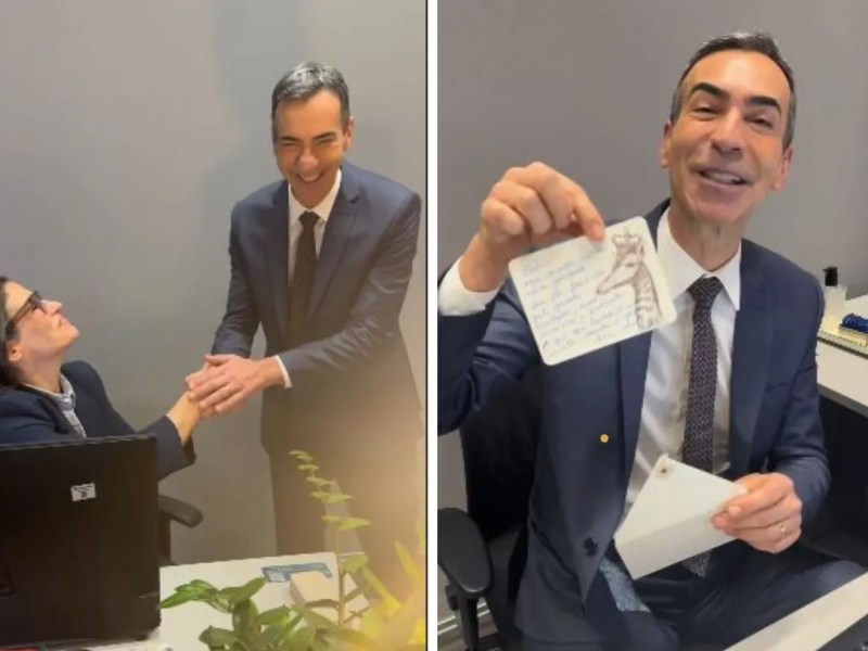 Renata Vasconcellos recebeu César Tralli para o primeiro dia no #JN com um presente de&nbsp;boas-vindas