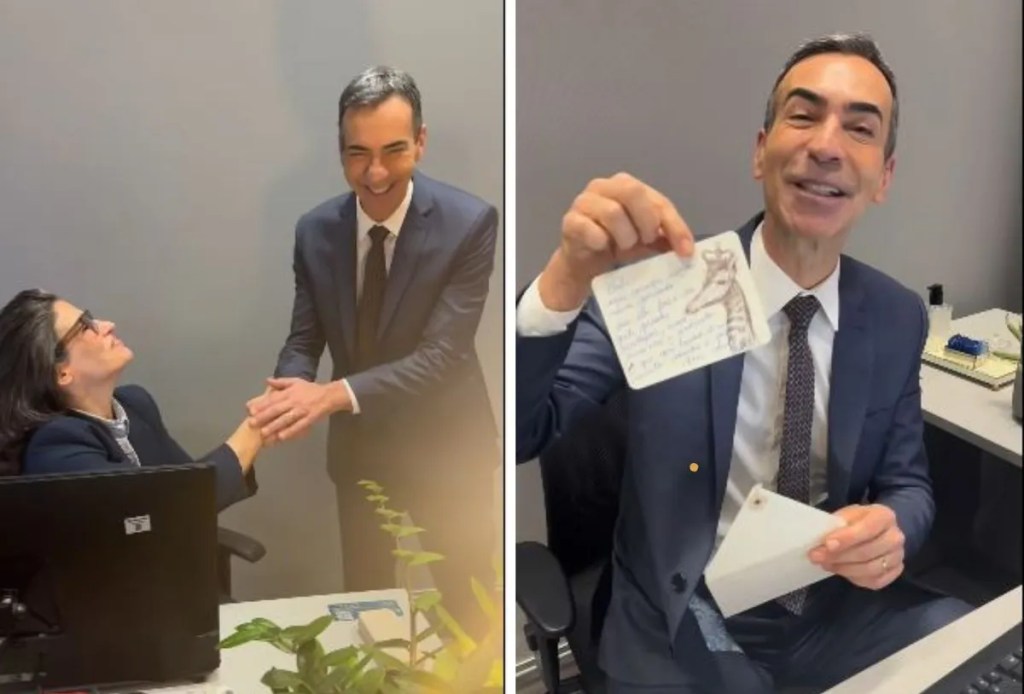 Renata Vasconcellos recebeu César Tralli para o primeiro dia no #JN com um presente de&nbsp;boas-vindas