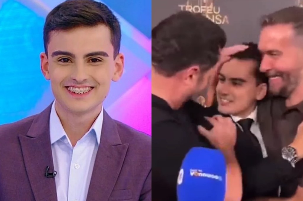 Dudu Camargo é tietado por diretores do SBT nos bastidores da gravação do “Troféu&nbsp;Imprensa”