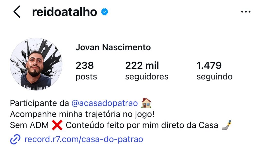 Jovan ganha 4 mil seguidores no Instagram durante seu período confinado na&nbsp;#CasadoPatrão