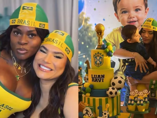 Jojo Todynho marca presença no aniversário com temática da Copa de um ano de Luan Ravi, filho da Raissa&nbsp;Barbosa