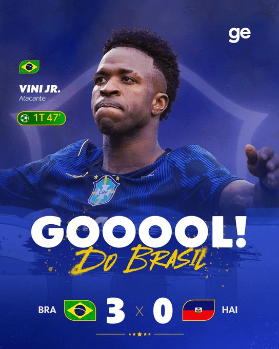 GOOOOOL DO BRASIL! Vini Jr. marca terceiro gol do Brasil contra o Haiti